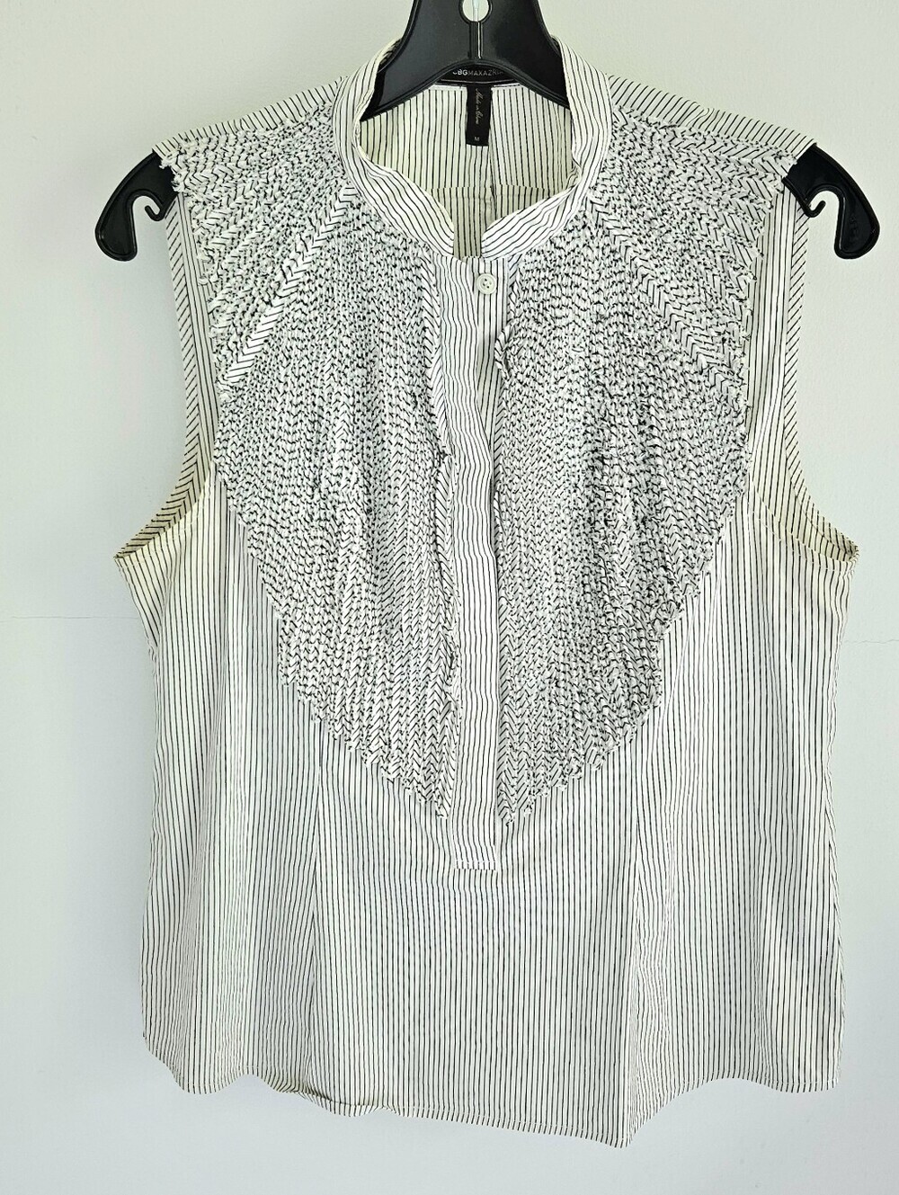 BCBGMaxazria Frayed Ruffle Pinstripe Sleeveless Blouse